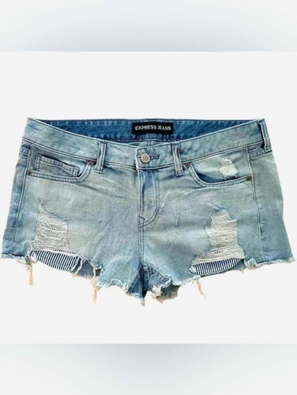 Express Distressed Denim Shorts With Stripe Pockets Jean Shorty Summer Beach Y2K